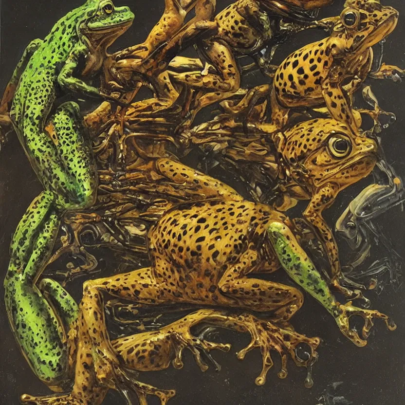 Prompt: alien frog, cheetah, and bird. strange anatomy. pulp sci - fi art. baroque period, oil on canvas