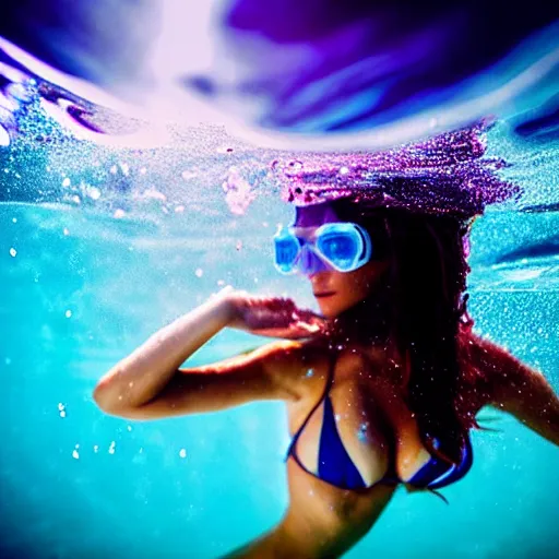Image similar to a woman in bikini breaking the surface of the water, underwater photography with light scattering and water refractions, smooth