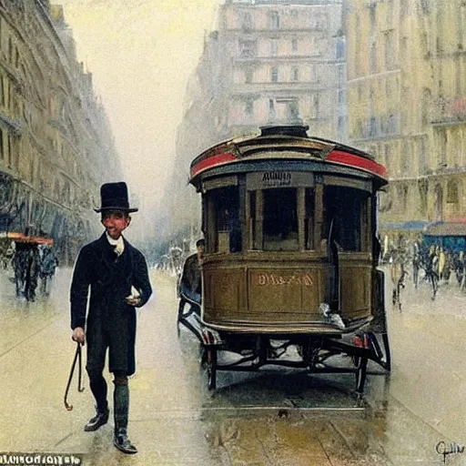 Prompt: artist ewan mcgregor is walking in early 2 0 th century paris. he is a gentleman and wears a bowler hat, horses, horse carts, horse cartridges on streets, walking ladies and gentlemen an early car prototype, early 2 0 th century tram, by d'edouard cortes