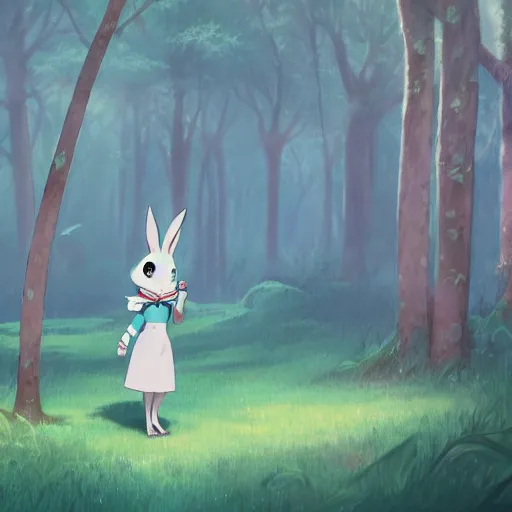 Prompt: concept art painting of an anthropomorphic white rabbit wearing a turquoise blouse, in the deep forest, realistic, detailed, cel shaded, in the style of makoto shinkai and greg rutkowski and james gurney