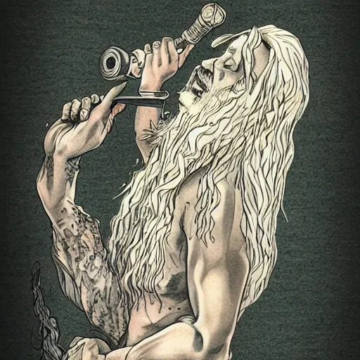 Image similar to highly detailed figure of a person with long white hair coming out from a smoking pipe, comic art, tattoo art, intricate, elegant.