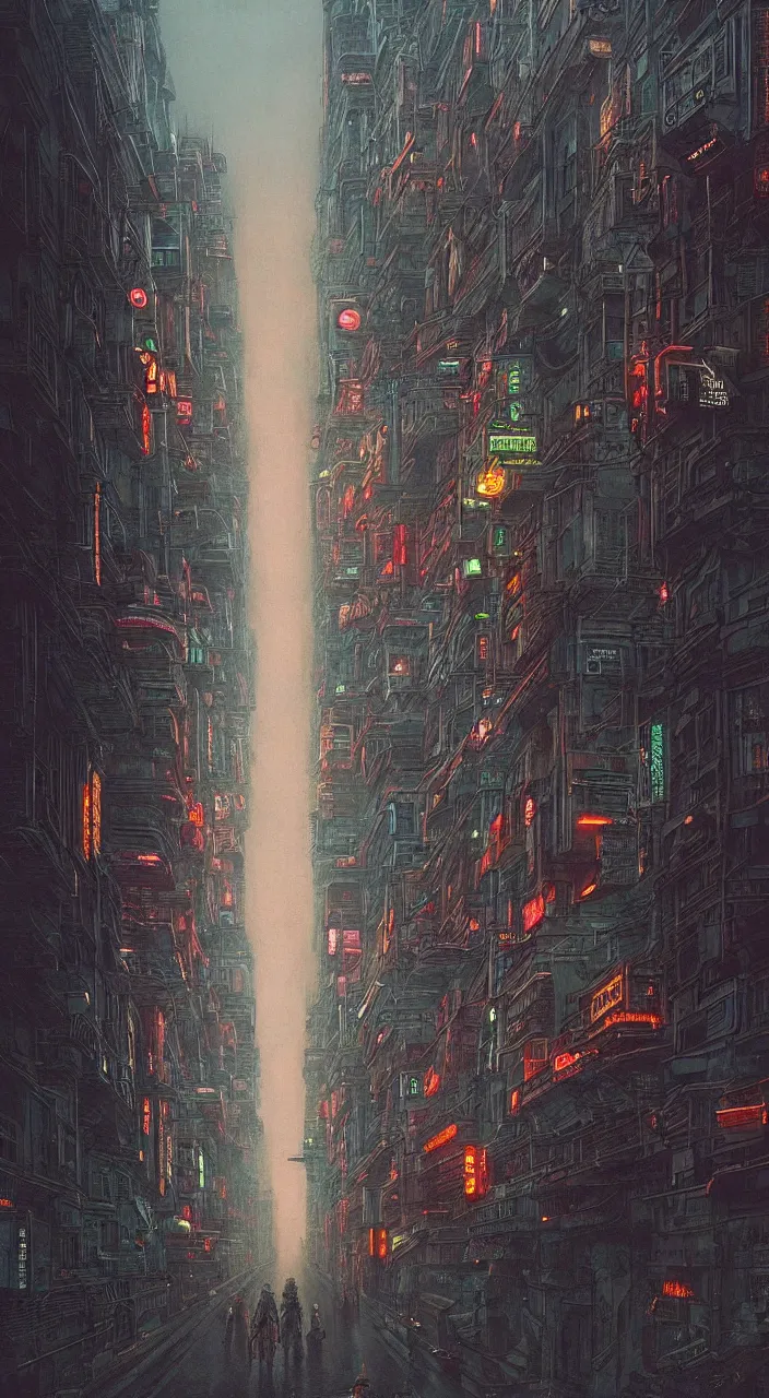 Image similar to cyberpunk city streets with renaissance architecture, cinematic neon lighting, hyper detailed, hyper realistic, in the style of beksinski