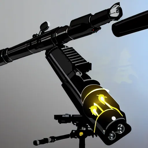 Prompt: a super futuristic bazooka gun with cyber electric rocket firing from it at a robotic target