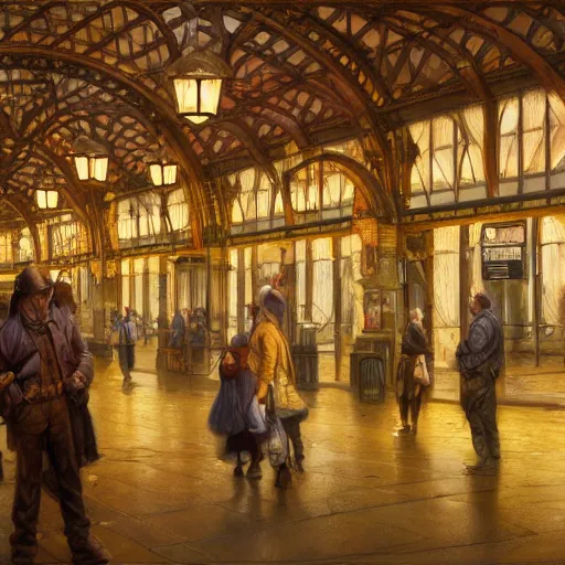 Image similar to train station for spirits and souls, detailed, centered, digital painting, artstation, concept art, donato giancola, joseph christian leyendecker, wlop, boris vallejo, breathtaking, 8 k resolution, extremely detailed, beautiful, establishing shot, artistic, hyperrealistic, beautiful face, octane render, cinematic lighting, dramatic lighting, masterpiece