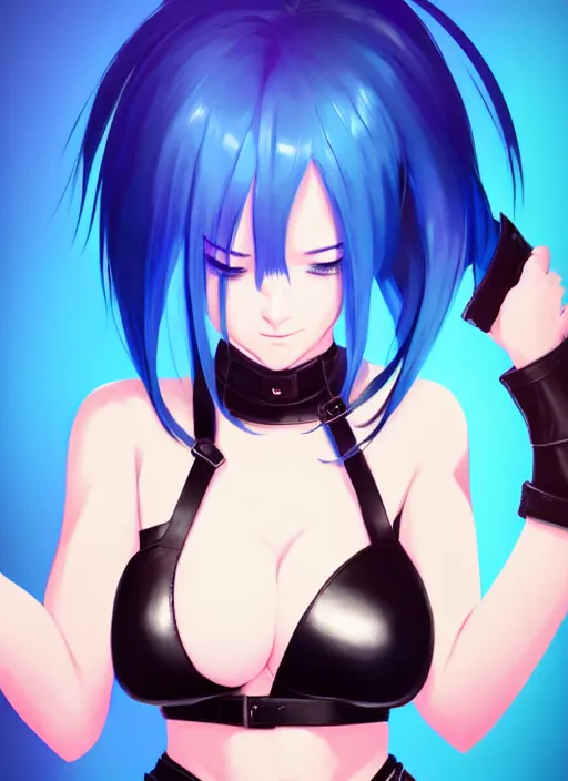 Image similar to hyper realistic photograph portrait of pretty girl with blue hair, wearing a full leather outfit, holding a whip, dramatic lighting by makoto shinkai, ilya kuvshinov, lois van baarle, rossdraws, basquiat