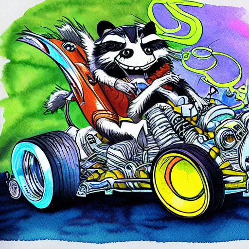 Image similar to racoon riding in a tiny hot rod coupe with oversized engine, ratfink style by ed roth, centered award winning watercolor pen illustration, by vonnie whitworth edited by range murata