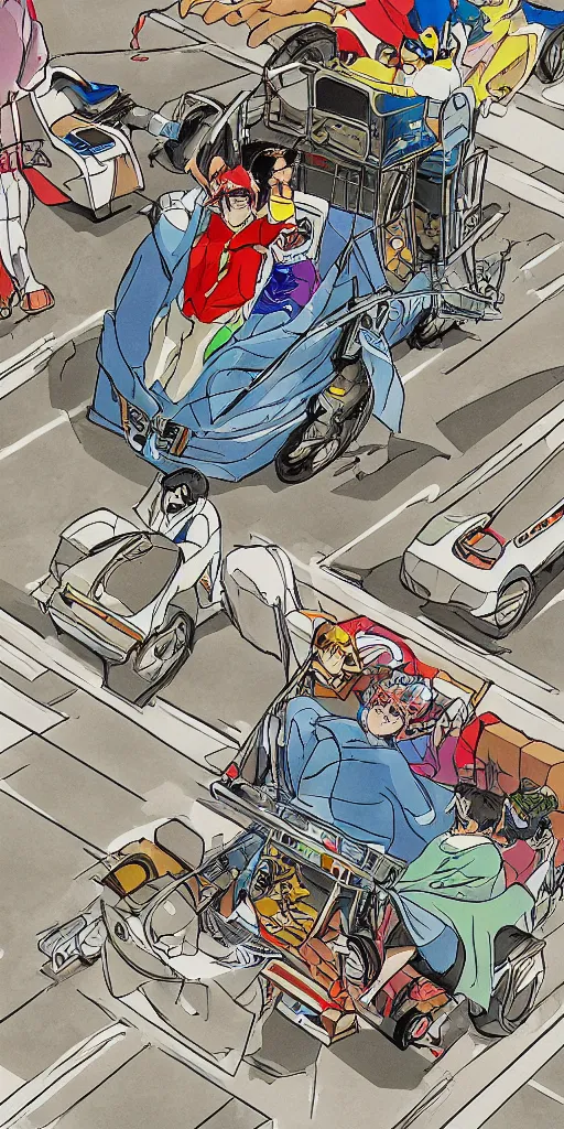Image similar to a birds eye view of a man in a chariot in tokyo, driving fast, drawn like the anime speed racer, full color