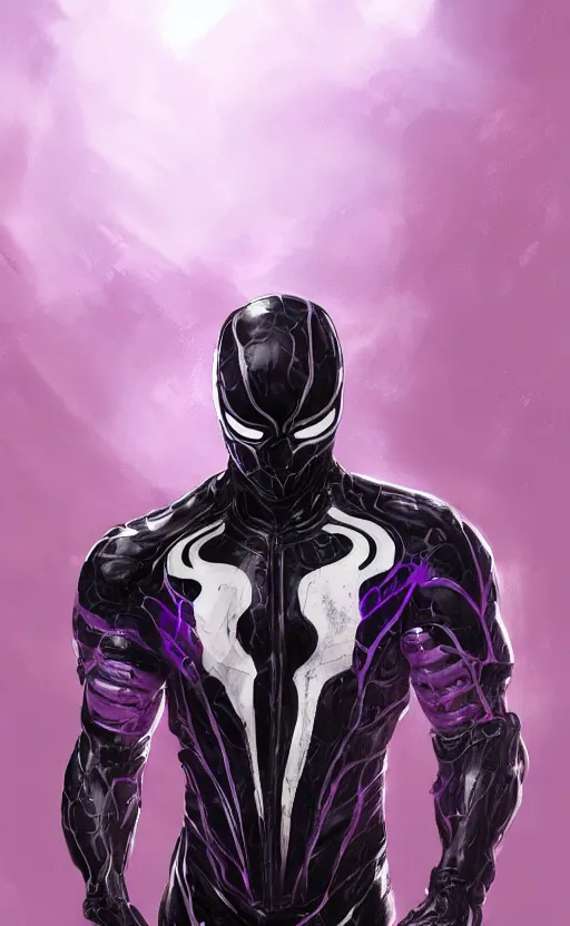 Image similar to venom in a venom inspired ironman suit, purple, black and red, dynamic lighting, photorealistic fantasy concept art, trending on art station, stunning visuals, terrifying, creative, cinematic