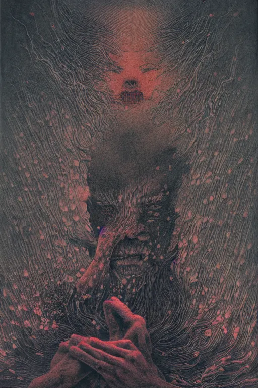 Image similar to 中 元 节, 中 国 鬼 节, king of hell, inside page of comic book, psychedelic lights and fog, in the style of zdzislaw beksinski, ayami kojima, takato yamamoto, barclay shaw, karol bak, glowing light and shadow, hyperrealist, 8 k