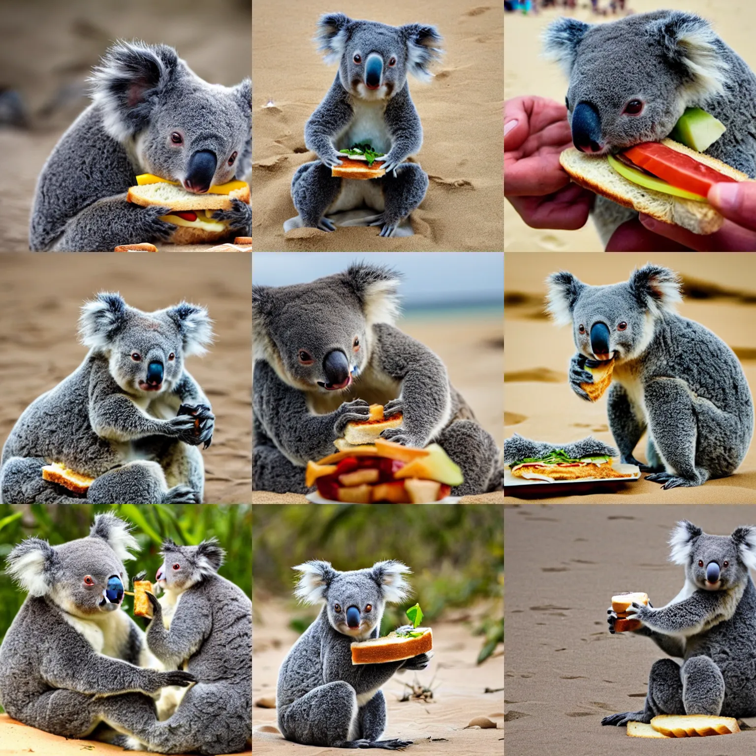 Prompt: a koala eating a sandwich on a beach