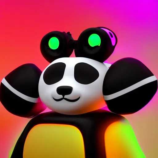 Image similar to 3D Render Portrait Of A Cute, Robot Panda With Glowing Yellow Eyes On A Neon Pink Background, Digital Art