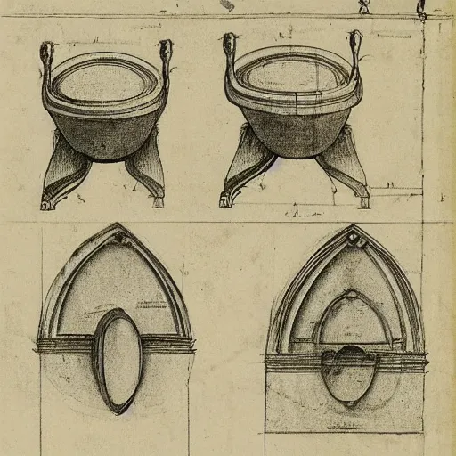 Image similar to leonardo da vinci sketches of a toilet seat. blueprint of a toilet seat. booknote.