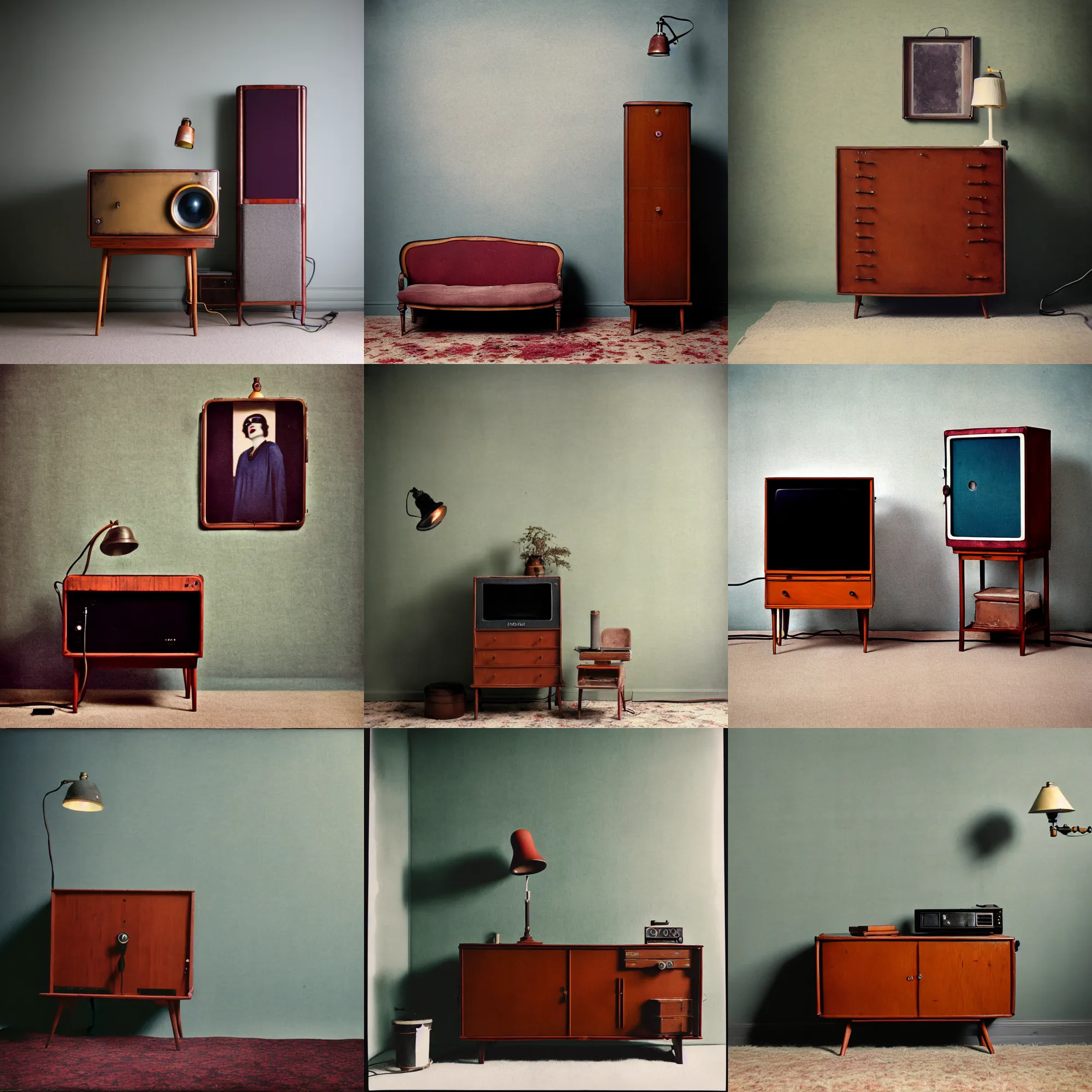 Prompt: kodak portra 4 0 0, wetplate, by britt marling, 1 9 2 0 s room, 1 9 2 0 s furniture, carpet, lamp, a giant vintage television, muted colours, blueberry, portrait photo of a backdrop, concrete, wood, fog,