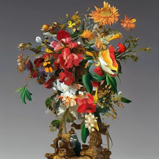 Prompt: a painting of a abstract geometric anime figurine made from flowers, flemish baroque, neoclassicism, made of flowers