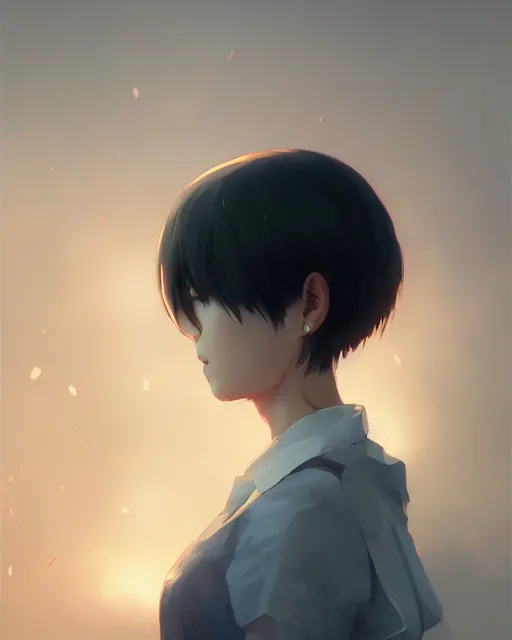 Image similar to kyoto animation, woman with short hair, beautiful, detailed portrait, cell shaded, 4 k, concept art, by wlop, ilya kuvshinov, artgerm, krenz cushart, greg rutkowski, pixiv. cinematic dramatic atmosphere, sharp focus, volumetric lighting, cinematic lighting, studio quality