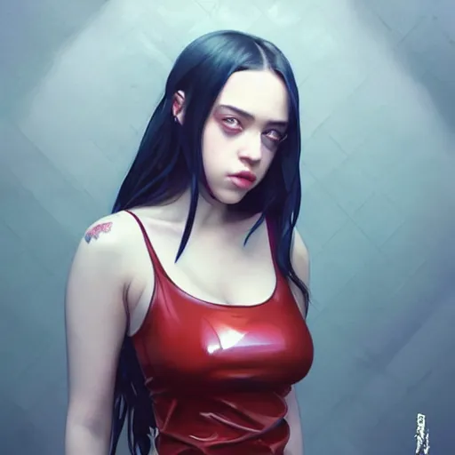 Image similar to a beautiful billie eilish kat dennings alluring instagram model in elaborate latex tank top, by guweiz and wlop and ilya kuvshinov and artgerm and makoto shinkai and studio ghibli, symmetrical eyes, aesthetic, gorgeous, stunning, alluring, attractive, artstation, deviantart, pinterest, digital art