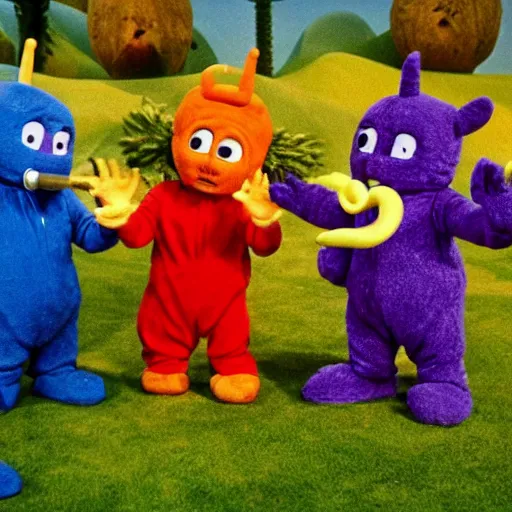 Image similar to tinky winky eating alive insects, horror, creepy, teletubbies lost creepy spooky bloody episode, realistic,