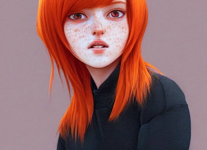 Image similar to portrait Girl with orange hair and freckles, cute-fine-face, white-hair pretty face, realistic shaded Perfect face, fine details. realistic shaded lighting by (((Ilya Kuvshinov)))