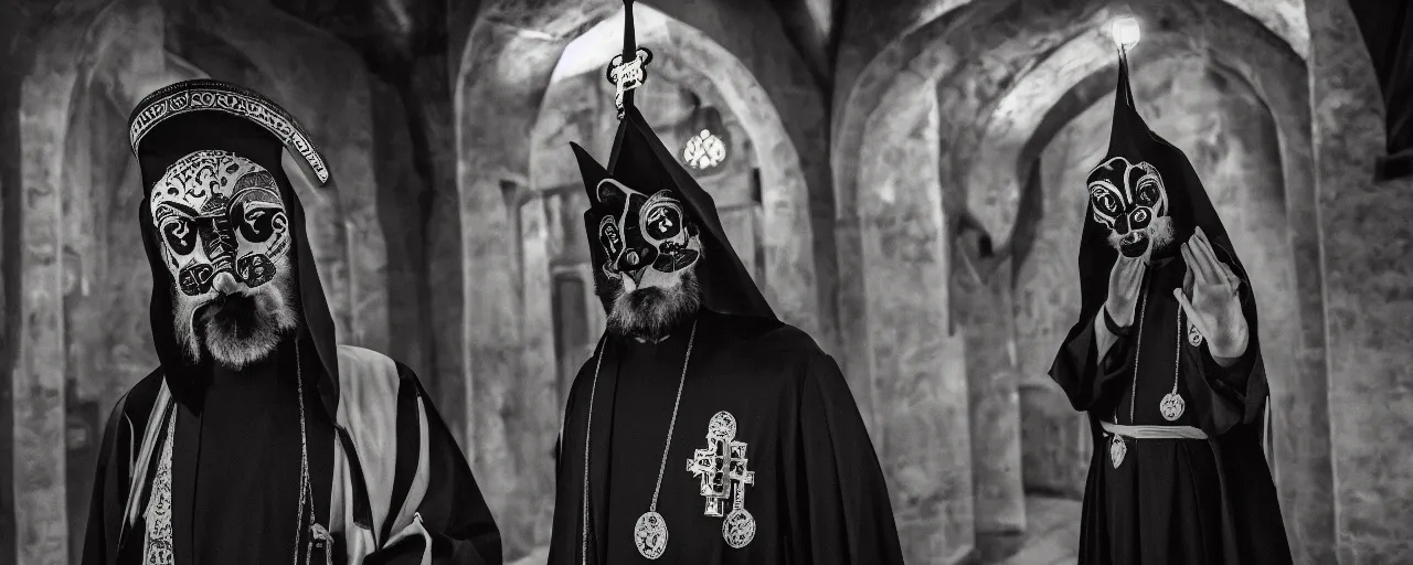 Prompt: orthodox priest wearing cute caracal masks, in orthodox church, orthodox icons, volumetric lighting, twilight, dramatic, noir, blur, bokeh, cinematic, shallow depth of field, 8 0 mm, f 1. 8