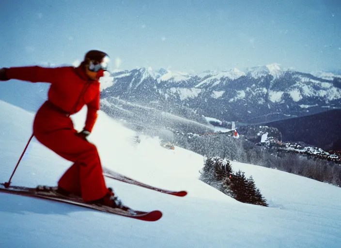 Image similar to a 2 8 mm macro kodachrome photo of a man skiing airborne off a ski jump with snow bursting behind him in the swiss alps in the 1 9 5 0's, seen from a distance, bokeh, canon 5 0 mm, cinematic lighting, film, photography, golden hour, depth of field, award - winning