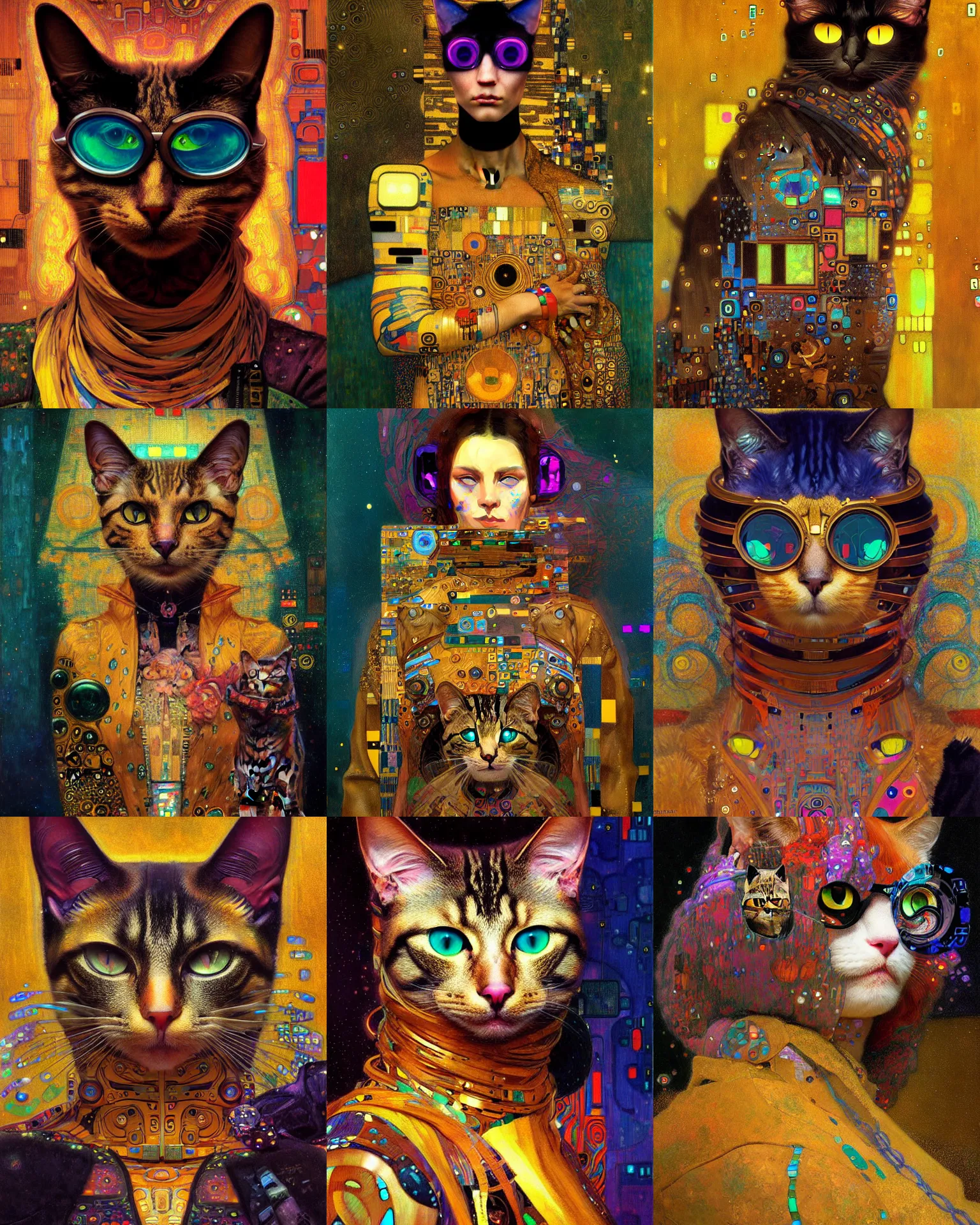 Prompt: cyberpunk cat portrait oil painting splashes with many colors and shapes by gustav klimt greg rutkowski and alphonse mucha, polycount, generative art, psychedelic, fractalism, glitch art