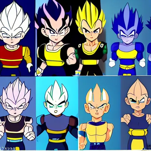 Image similar to vegeta in several different cartoon styles