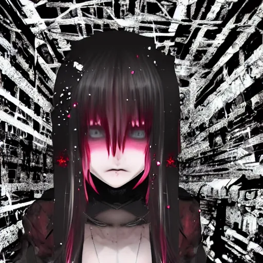 Image similar to glitchcore yokai girl, shadowverse character concept, found footage horror, glitter gif | Fatalistic (Bleak, Gloomy) | The red dump has nothing but bleak black industrial music to accompany it.