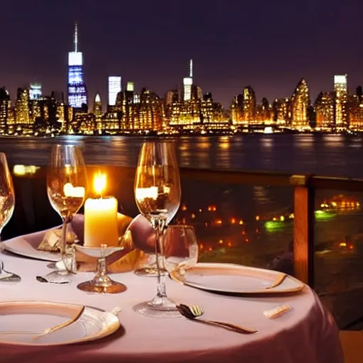 Image similar to beautiful glowing candle - lit dinner with wine bottle overlooking the new york city skyline