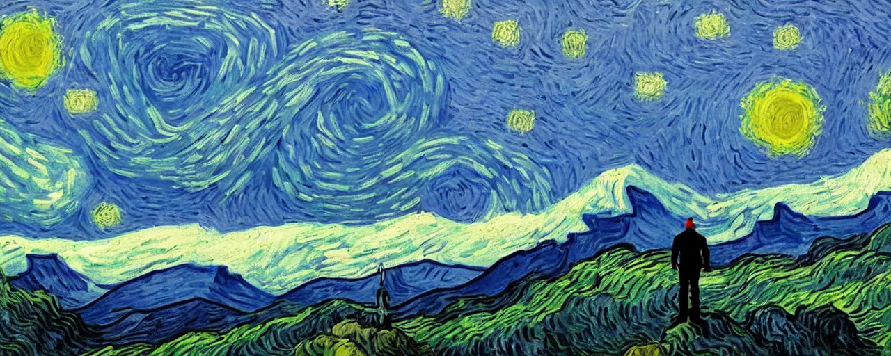 Prompt: landscape, mountain range in foreground, sky, style of Van Gogh starry night, atmospheric, cinematic, digital art, small man in center standing on mountain, mist in valleys