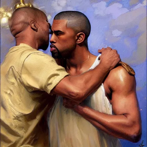 Image similar to a beautiful painting of handsome kanye west fighting handsome pete davidson, rendered art, highly detailed painting by gaston bussiere, craig mullins, j. c. leyendecker 8 k, trending on artstation, art