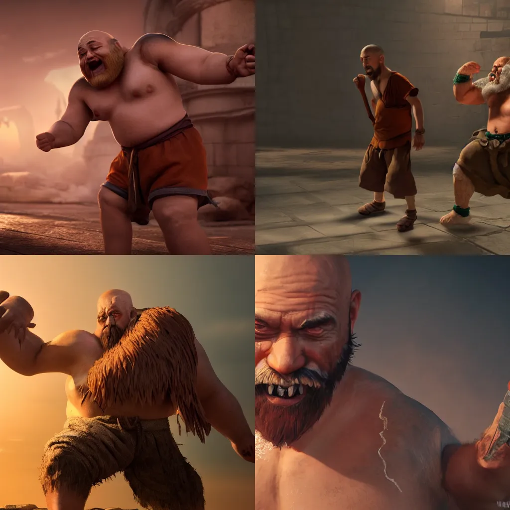 Prompt: short DND monk man with a short scruffy beard punching a monster greased up, only wearing tattered shorts portly and muscular, hyper realism, moving quickly dramatic ambient lighting, cinematic, high detail, 8k, octane render, depth of field