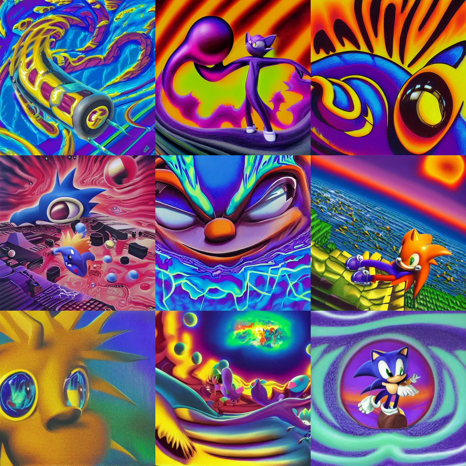 Prompt: dreaming of sonic the hedgehog closeup portrait lava lamp claymation scifi matte painting landscape of a surreal alex grey, sonic retro moulded professional soft pastels high quality airbrush art album cover of a liquid dissolving airbrush sonic the hedgehog art lsd sonic the hedgehog swimming through cyberspace purple checkerboard background 1 9 8 0 s 1 9 8 2 sega genesis video game