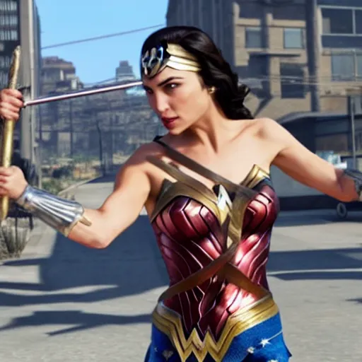 Prompt: Gal Gadot as Wonder Woman juggling knives in GTA 5.