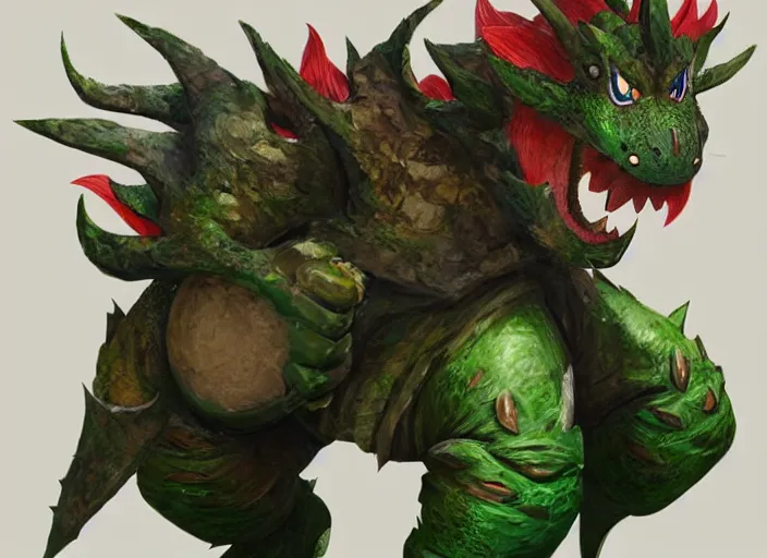 Image similar to detailed concept art of a huge giant bowser by cheng yi and luolin, artstation, artstationhd, detailed scales, spiky and red hair tuft green scales. bowser, bowser nintendo, koopa, ~ bowser # bowser ( ( mario ) ) bcy. net, realistic. reptile cheng yi, fire breathing. bowser deviantart