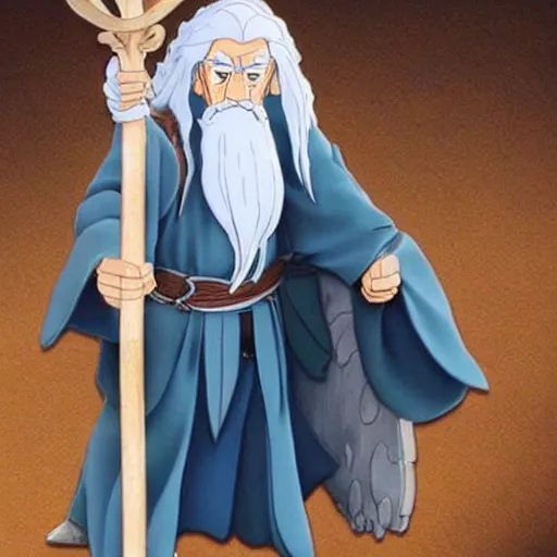 Image similar to gandalf from the anime lord of the rings (1986), holding a wooden staff, studio ghibli, very detailed, realistic