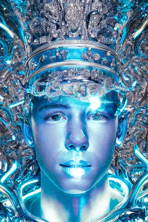 Image similar to hyper detailed ultra sharp portrait of baroque and bladerunner delicate neon diamond sculpture of seductive albino pharaoh nick jonas, diamond sphinx blue iridescent humanoid deity wearing metallic hoody made out of hands holding the sun prismatic dungeon, glowing blue face, crown of white diamonds, cinematic lighting, photorealistic, octane render 8 k depth of field 3 d