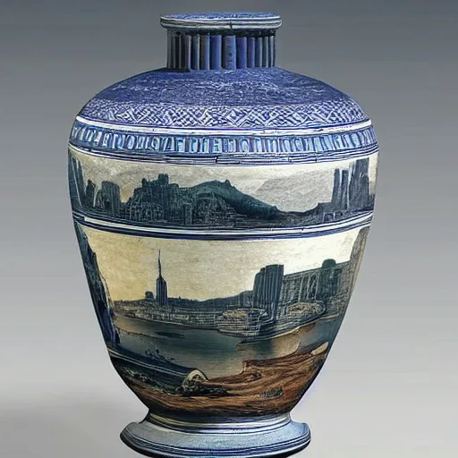 Image similar to a beautiful, ancient, greek amphora container, museum item, with drawings of new york's skyline