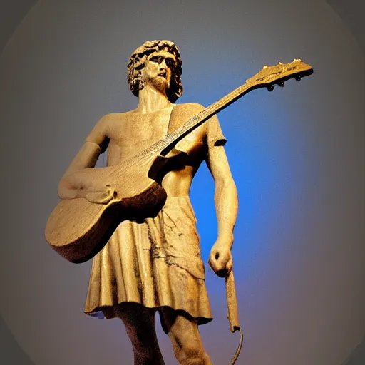 Image similar to !dream Statue of David, strumming his guitar on the live stage, backlighting, highly detailed, award-winning, photograph