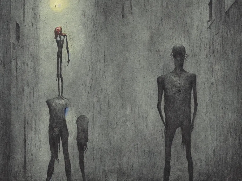 Image similar to a young slender man with a long red hair experiencing a nightmarish psychosis in a dark alley, full moon lighting, Painting by Beksinski, Max Ernst, Eric Lacombe, Eugene Berman