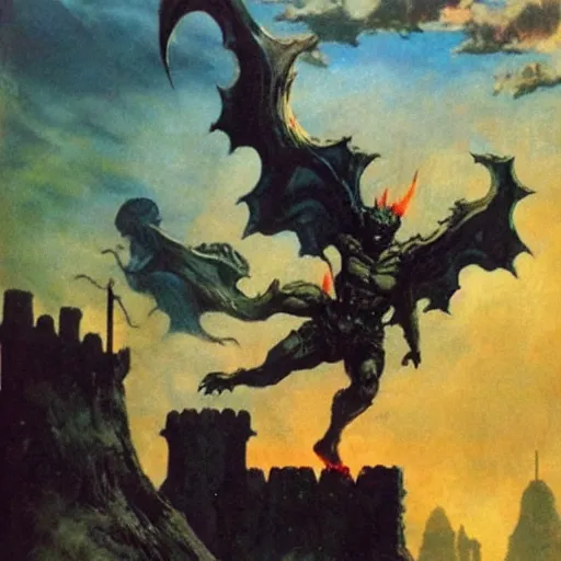 Prompt: an evil fortress, artwork by frank frazetta, red skies with evil glowing eyes