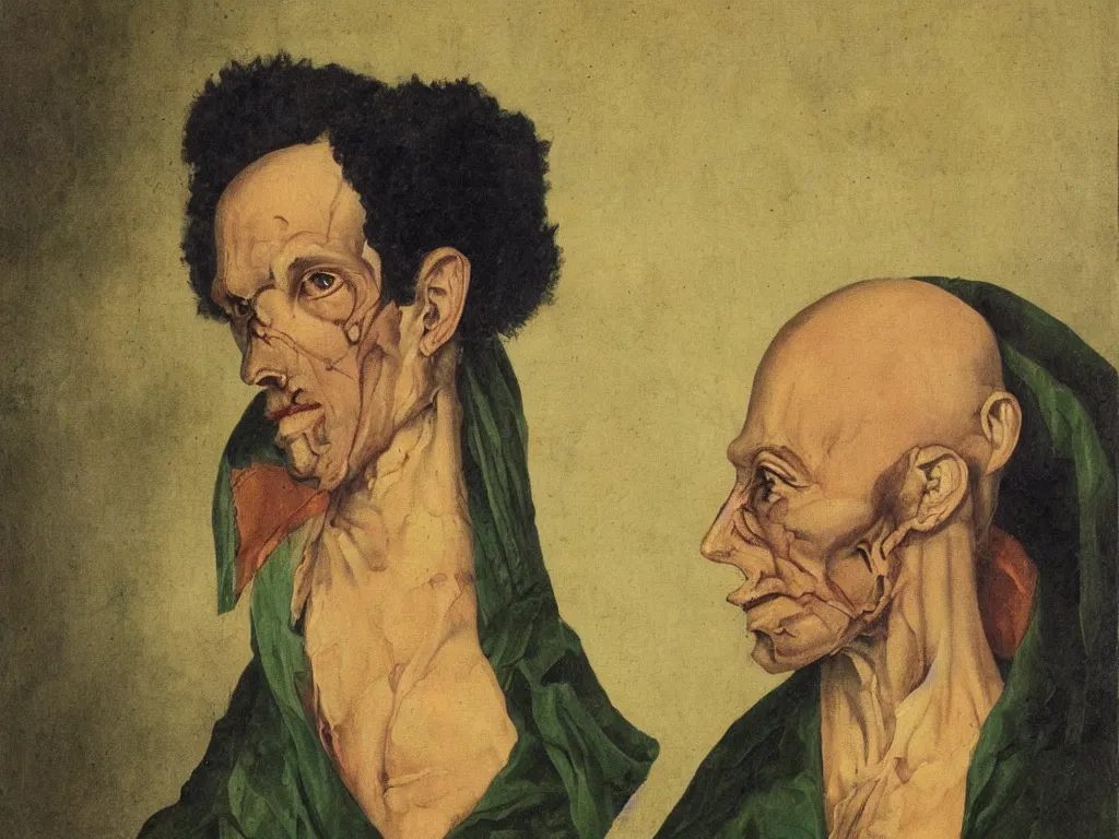 Prompt: Portrait of bald, bony, high cheekbones, primitive, green-eyed. Painting by Matthias Grünewald