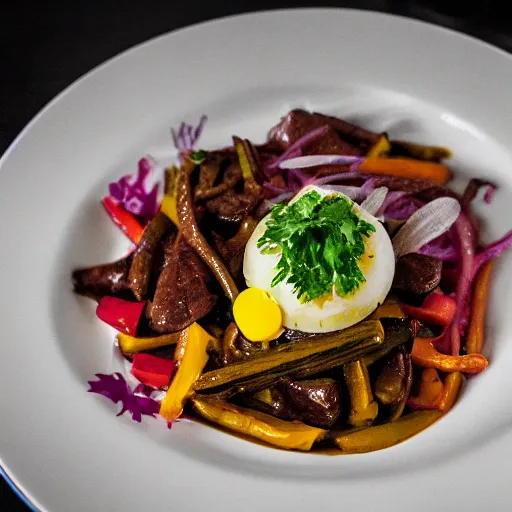 Prompt: lomo saltado, michelin star restaurant, award winning photo, food photography, 4 k