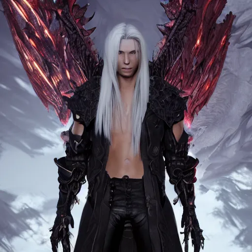 Image similar to demonic sephiroth, au naturel, hyper detailed, digital art, trending in artstation, cinematic lighting, studio quality, smooth render, unreal engine 5 rendered, octane rendered, art style by klimt and nixeu and ian sprigger and wlop and krenz cushart