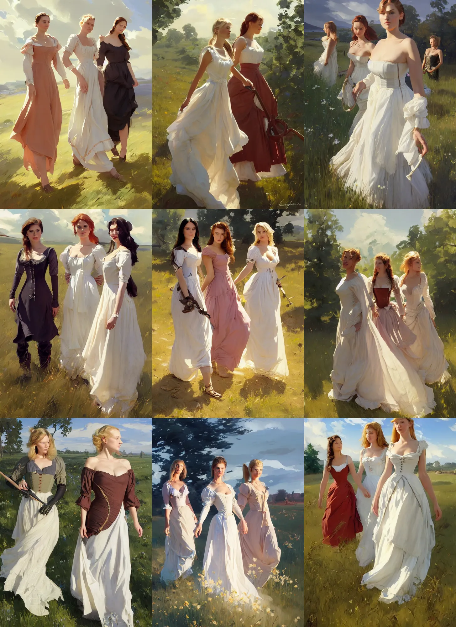 Prompt: three beautiful finnish norwegian swedish scandinavian attractive glamour models wearing 1 7 th century bodice with low neckline walking in the feild in a sunny day, jodhpurs greg manchess painting by sargent and leyendecker, studio ghibli fantasy medium shot asymmetrical intricate elegant matte painting illustration hearthstone, by greg rutkowski by greg tocchini by james gilleard