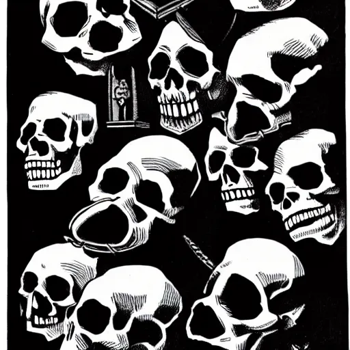 Image similar to Skulls lying on a shelf. Close Up Shot, Dark Fantasy, Film Noir, Black and White. High Contrast, Mike Mignola, D&D, OSR