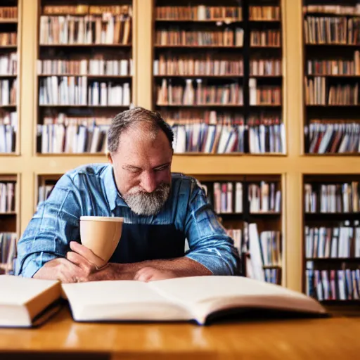 Prompt: a middle aged man in a dimly lit library, pondering over a book and a cup of coffee