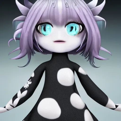 Image similar to cute fumo plush of a girl who is made of ink, inkstains and black splotches, pointillism, particle simulation, monster girl, lens flare, vray