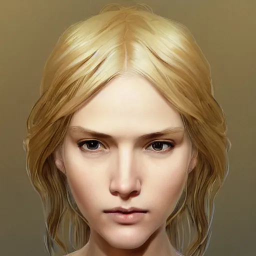 Image similar to Blonde Girl from Death Stranding with thin lips, pronounced cheekbones, hair of medium length (longer caret), highly detailed, digital painting, artstation, concept art, smooth, sharp focus, illustration, ArtStation, art by artgerm and greg rutkowski and alphonse mucha and J. C. Leyendecker and Edmund Blair Leighton and Katsuhiro Otomo and Geof Darrow and Phil hale and Ashley wood and Ilya repin and Charlie Bowater