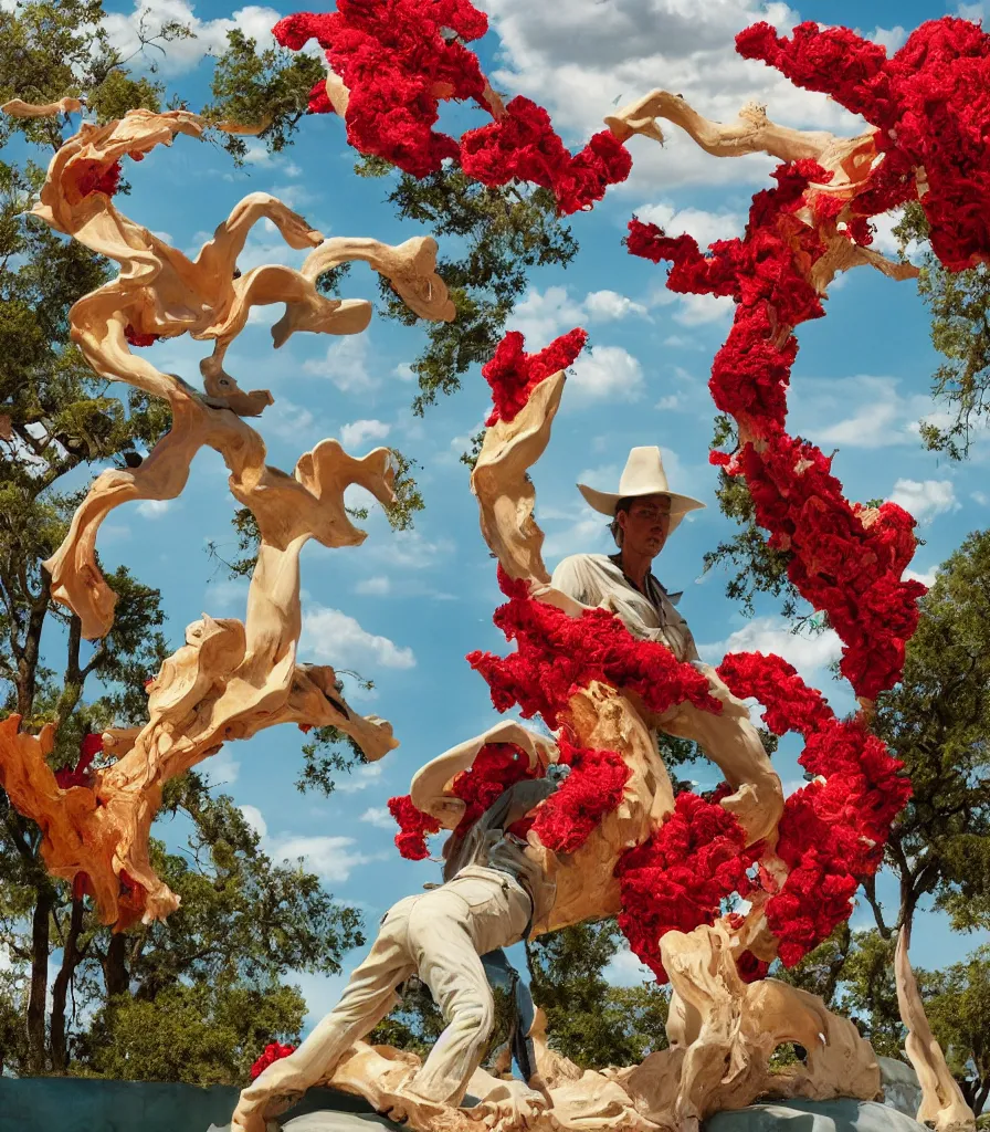 Image similar to a cowboy turning into blooms by slim aarons, by zhang kechun, by lynda benglis. tropical sea slugs, angular sharp tractor tires. complementary colors. warm soft volumetric dramatic light. national geographic. 8 k, rendered in octane, smooth gradients. sculpture by antonio canova. red accents.