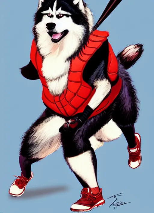 Prompt: commissioned full body portrait of a male anthro aslakan malamute with red fur playing baseball in a baseball stadium wearing a baseball uniform, by a professional manga illustrator, by Kilian Eng, by Sandra Chevrier, trending on artstation